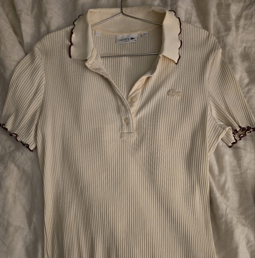 Lacoste Cream Ribbed Polo Shirt with Short Sleeves